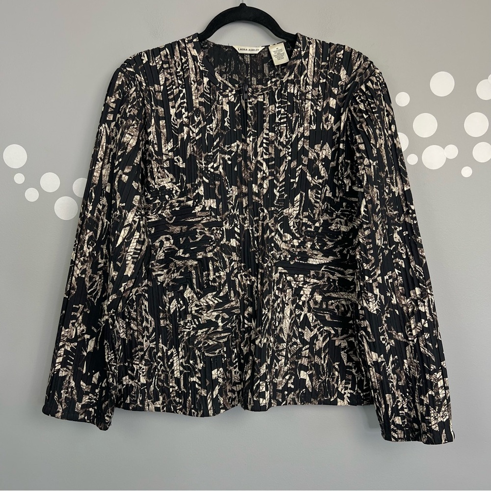 Laura Ashley Abstract Print Woven Stripe Mesh Jacket Size M Collarless Zip Front
